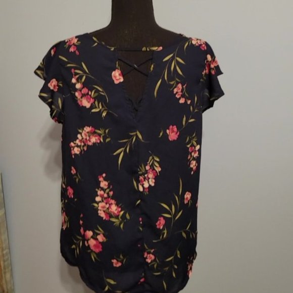 Papermoon Blue Floral V Neck Blouse Size L - Picture 3 of 3